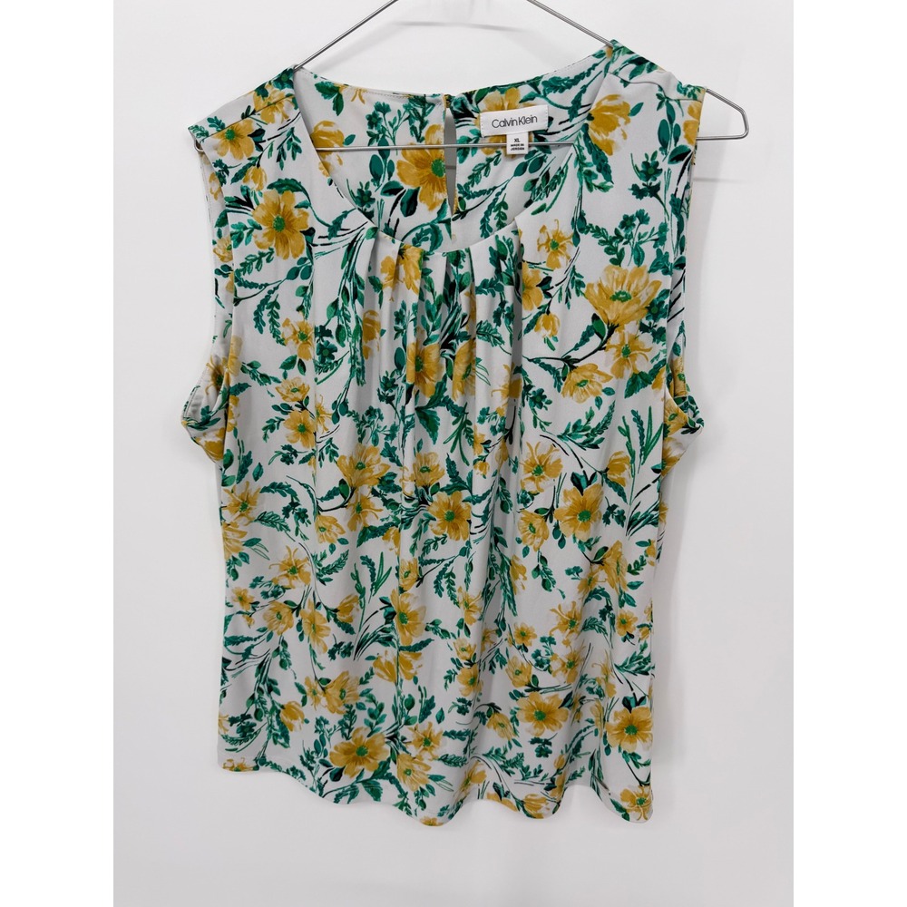 Calvin Klein Women Blouse Floral Pleated Neckline White Yellow Green XL